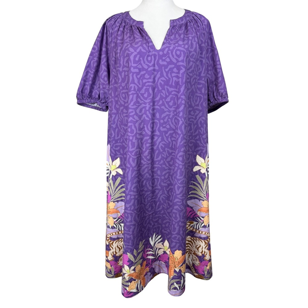 Chico's Women's Midi Dress Size 2(L) Purple Tropical Boho Pockets House Dress
